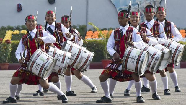 The school band of the Mizo High School in Aizwal performs during the inauguration of the NCC Republic Day Camp by vice-president Hamid Ansari at Delhi Cantt Parade Ground on January 6. (Vipin Kumar/HT PHOTO)