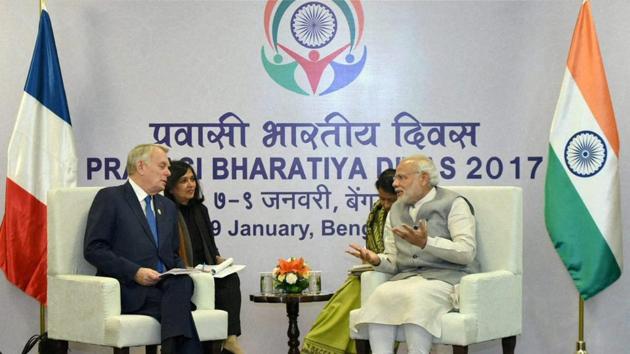 Prime Minister Narendra Modi with Jean-Marc Ayrault, Minister of Foreign Affairs and International Development of France, at the Pravasi Bharatiya Divas celebrations in Bengaluru on Sunday. (PTI Photo) Prime Minister Narendra Modi with Jean-Marc Ayrault, Minister of Foreign Affairs and International Development of France, at the Pravasi Bharatiya Divas celebrations in Bengaluru on Sunday. (PTI Photo)