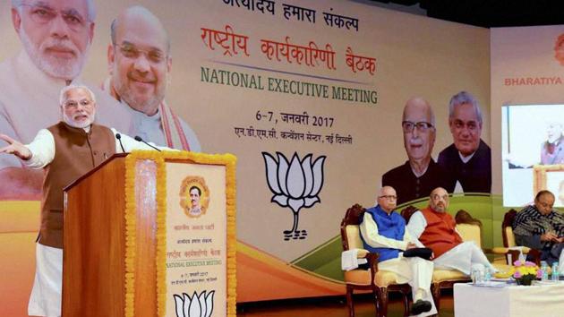 PM Narendra Modi addresses party workers on the second day of the BJP’s national executive meeting in Delhi. (PTI Photo) PM Narendra Modi addresses party workers on the second day of the BJP’s national executive meeting in Delhi. (PTI Photo)