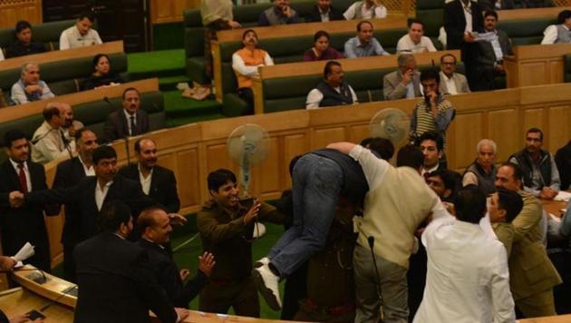 Members of National Conference and BJP legislators clashed in the Jammu and Kashmir Assembly during the Opposition’s protest to demand a time-bound judicial probe into civilian killings during the 2016 Kashmir unrest.(HT File Photo)