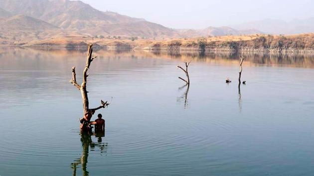 Children playing near a tree still standing on their submerged farms in the Sardar Sarovar reservoir(Rohit Jain/HT) Children playing near a tree still standing on their submerged farms in the Sardar Sarovar reservoir(Rohit Jain/HT)