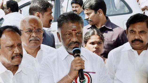 AIADMK treasurer and Tamil Nadu chief minister O Panneerselvam addresses the media outside Poes Garden in Chennai. (PTI File Photo) AIADMK treasurer and Tamil Nadu chief minister O Panneerselvam addresses the media outside Poes Garden in Chennai. (PTI File Photo)
