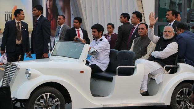 Prime Minister Narendra Modi arrives to inaugurate Global Trade Show as part of ‘Vibrant Gujarat Summit – 2017’ in Gandhinagar in Gujarat on January 09, 2017. (Siddharaj Solanki/Hindustan Times) Prime Minister Narendra Modi arrives to inaugurate Global Trade Show as part of ‘Vibrant Gujarat Summit – 2017’ in Gandhinagar in Gujarat on January 09, 2017. (Siddharaj Solanki/Hindustan Times)