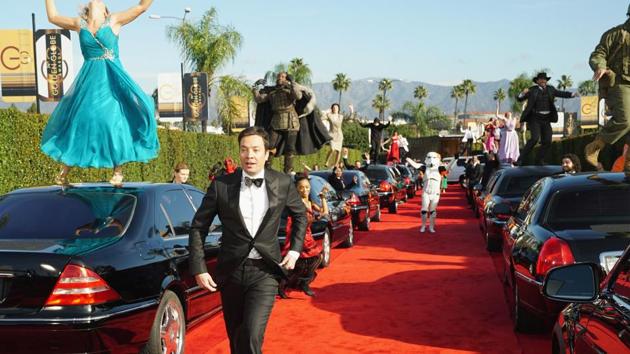 In his spoof he is stuck in traffic in a red carpet gridlock, as nominees and stars of the films and TV shows nominated for the awards stop by. (REUTERS) In his spoof he is stuck in traffic in a red carpet gridlock, as nominees and stars of the films and TV shows nominated for the awards stop by. (REUTERS)