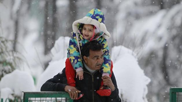 A tourist carries his grandson during snowfall at Patnitop in Udhampur district of Jammu and Kashmir.  (AP) 
