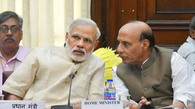 Prime Minister Narendra Modi with home minister Rajnath Singh during an all-party Meeting at Parliament House in New Delhi. (PTI File Photo) Prime Minister Narendra Modi with home minister Rajnath Singh during an all-party Meeting at Parliament House in New Delhi. (PTI File Photo)