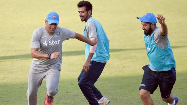 Mumbai: Mahendra Singh Dhoni enjoys a game of football with his India A team mates ahead of Tuesday’s warm-up tie against the visiting England. Dhoni will lead a representative Indian side for the last time.(PTI Photo)