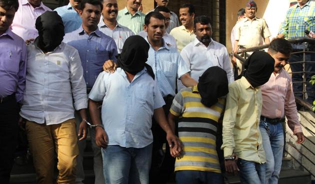 The accused in the Alprazolam haul at the Thane commissioner’s office on Monday, after their arrest on Sunday.(Praful Gangurde/HT)