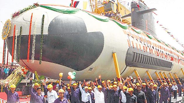 The floating out ceremony of the first Scorpene-class submarine, Kalvar in Mumbai.(HT File Photo)