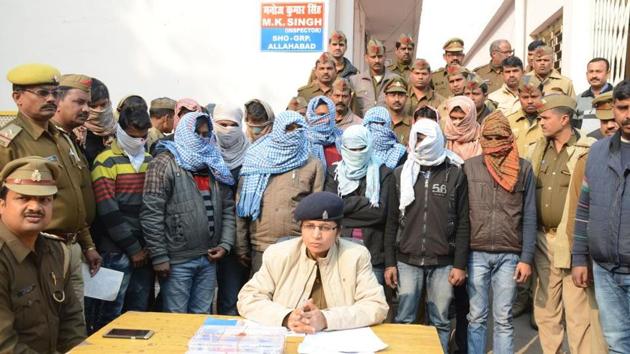 Police briefing media persons about the solver racket busted by GRP and Allahabad police on Monday. (HT Photo) Police briefing media persons about the solver racket busted by GRP and Allahabad police on Monday. (HT Photo)