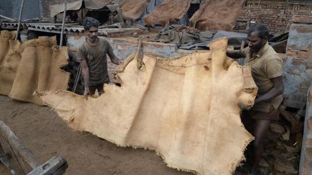 Workers treat a piece of animal hide at one of Jalandhar’s last remaining tannery units.(Sikander Singh/HT Photo)