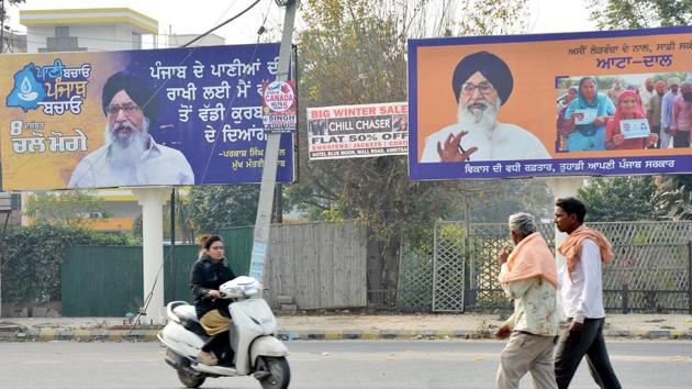 Hoardings by Punjab’s ruling SAD party can be seen at Ranjeet Avenue in Amritsar. (Sameer Sehgal/HT Photo) Hoardings by Punjab’s ruling SAD party can be seen at Ranjeet Avenue in Amritsar. (Sameer Sehgal/HT Photo)