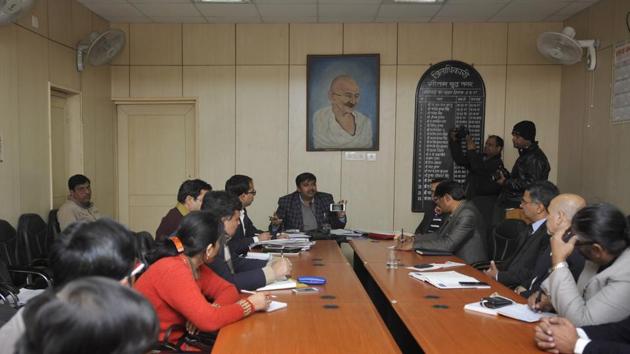 The Election Commission called the representatives to the camp office of the district magistrate (DM), NP Singh, to brief them about the commission’s plan to create awareness among the city residents. (Sunil Ghosh/HT Photo) The Election Commission called the representatives to the camp office of the district magistrate (DM), NP Singh, to brief them about the commission’s plan to create awareness among the city residents. (Sunil Ghosh/HT Photo)