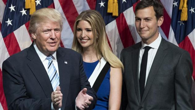 File photo taken on July 16, 2016 shows (from left) presidential candidate Donald Trump, his daughter Ivanka Trump and her husband Jared Kushner on stage at the end of an event at the Hilton Midtown Hotel in New York City. Trump has named his son-in-law as senior White House adviser, rewarding the man widely credited as the brains behind his election but courting serious legal and ethical concerns. (AFP) File photo taken on July 16, 2016 shows (from left) presidential candidate Donald Trump, his daughter Ivanka Trump and her husband Jared Kushner on stage at the end of an event at the Hilton Midtown Hotel in New York City. Trump has named his son-in-law as senior White House adviser, rewarding the man widely credited as the brains behind his election but courting serious legal and ethical concerns. (AFP)