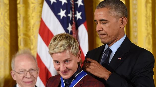 US President Barack Obama presents actress and comedian Ellen DeGeneres with the Presidential Medal of Freedom, the nation's highest civilian honour. President Obama has selected four Indian-American scientists for the highest honour given to science and engineering professionals. (AFP file photo)