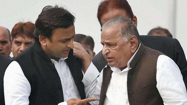 Samajwadi Party patriarch Mulayam Singh Yadav on Monday abruptly declared that his son Akhilesh Yadav would be the next chief minister of the state.(PTI file photo)