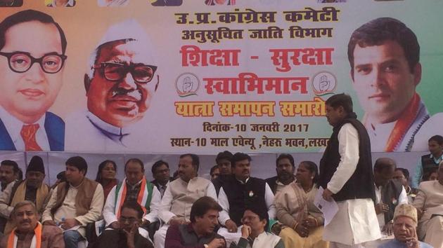 Congress UP chief Raj Babbar along with other Congress leaders at the concluding event of the Dalit yatras. (UP Congress on Twitter) Congress UP chief Raj Babbar along with other Congress leaders at the concluding event of the Dalit yatras. (UP Congress on Twitter)