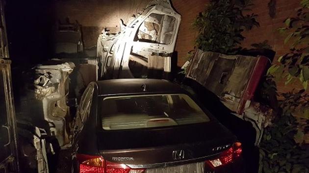 A stolen Honda City car and metallic frames of some stolen cars at a godown in the Lisari Gate area of Meerut, Uttar Pradesh. (Handout) A stolen Honda City car and metallic frames of some stolen cars at a godown in the Lisari Gate area of Meerut, Uttar Pradesh. (Handout)