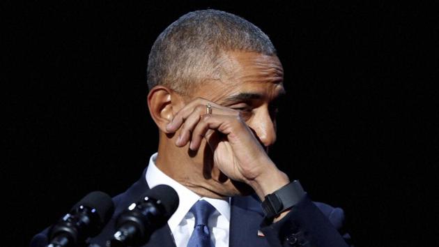 President Barack Obama wipes away tears while speaking during his farewell address at McCormick Place in Chicago. (AP Photo) President Barack Obama wipes away tears while speaking during his farewell address at McCormick Place in Chicago. (AP Photo)