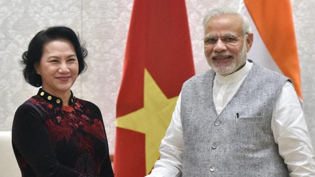 Prime Minister Narendra Modi (R) with President of the national assembly of Vietnam Nguyen Thi Kim Ngan at a meeting in New Delhi in December, 2016. (PTI file photo) Prime Minister Narendra Modi (R) with President of the national assembly of Vietnam Nguyen Thi Kim Ngan at a meeting in New Delhi in December, 2016. (PTI file photo)