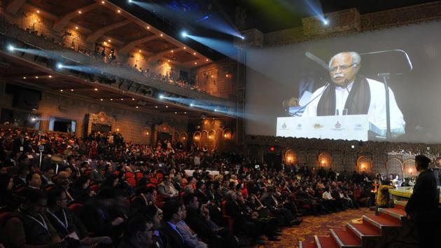 Haryana chief minister Manohar Lal Khattar addresses the gathering at the inaugural event of Pravasi Haryana Divas at Kingdom of Dreams on Wednesday, 11 January 2017. (Parveen Kumar/HT Photo) Haryana chief minister Manohar Lal Khattar addresses the gathering at the inaugural event of Pravasi Haryana Divas at Kingdom of Dreams on Wednesday, 11 January 2017. (Parveen Kumar/HT Photo)