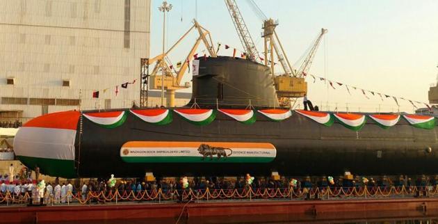 Khanderi submarine being launched at Mazgaon on Thursday. (HT) Khanderi submarine being launched at Mazgaon on Thursday. (HT)