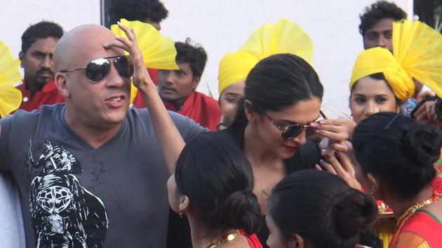 Vin Diesel and Deepika Padukone welcomed with ‘tilaks’ in a traditional welcome at Mumbai. (Pramod Thakur/ HT Photo) 
