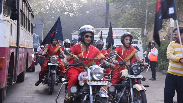 Women riding Royal Enfield Bullets welcome Vin Diesel to India. The actor is in town to promote his film xXx: The Return of Xander Cage. (Viral Bhayani/HT Photo) 