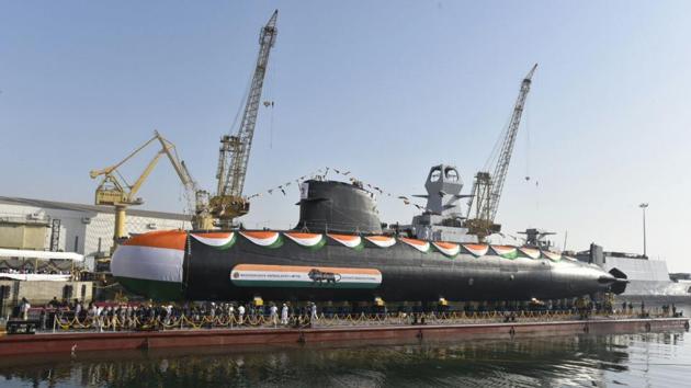 INS Khanderi gets launched at the Mazagon dock in Mumbai. (Kunal Patil/HT Photo) INS Khanderi gets launched at the Mazagon dock in Mumbai. (Kunal Patil/HT Photo)
