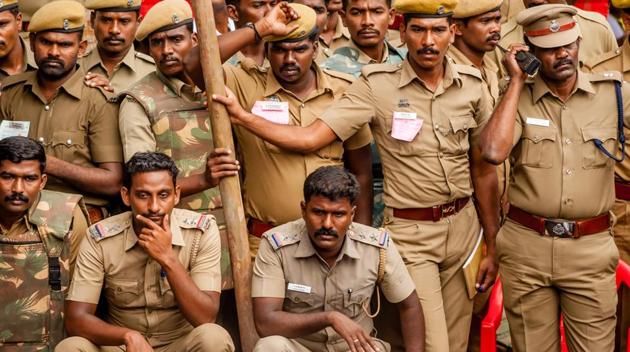 Police officers watching the bull taming sport of Jallikattu in Alanganallur, Tamil Nadu, India. (Shutterstock )