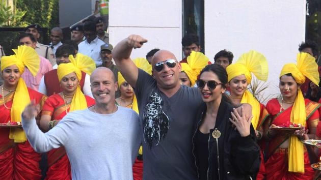 Director DJ Caruso, Vin Diesel and Deepika Padukone wave to crowd as they gear up for the release of xXx: The Return of Xander Cage. (Pramod Thakur/ HT Photo) 