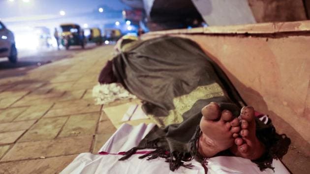 BARE NECESSITIES: In a city where the winter season is merciless, Delhi’s homeless have it worse than most. For many, warm clothes and blankets are a luxury. This man near Kashmere Gate sleeps barefoot on a plastic sheet with just a thin shawl to cover his body. (AMAL KS /HT Photo) 