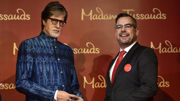 Actor Amitabh Bachchan’s wax figure unveiled by Marcel Kloos, Director New Opening Europe, during the opening of India’s first Madame Tussauds museum in Delhi at Regal Building, Connaught Place, in New Delhi. (Raj K Raj/HT PHOTO)