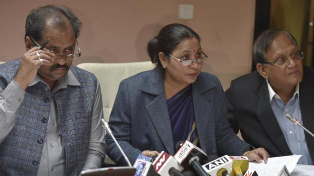 MCD Mayors Satya Sharma (east), Shyam Sharma (south), Sanjeev Nayyar (north ) during a press conference at the Civic Centre in New Delhi on Thursday. (Ravi Choudhary/HT Photo) MCD Mayors Satya Sharma (east), Shyam Sharma (south), Sanjeev Nayyar (north ) during a press conference at the Civic Centre in New Delhi on Thursday. (Ravi Choudhary/HT Photo)