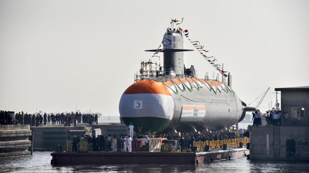Khanderi, the second of Indian Navy’s Scorpene’ class stealth submarine, was ‘launched’ on Thursday. (Kunal Patil/HT Photo) Khanderi, the second of Indian Navy’s Scorpene’ class stealth submarine, was ‘launched’ on Thursday. (Kunal Patil/HT Photo)