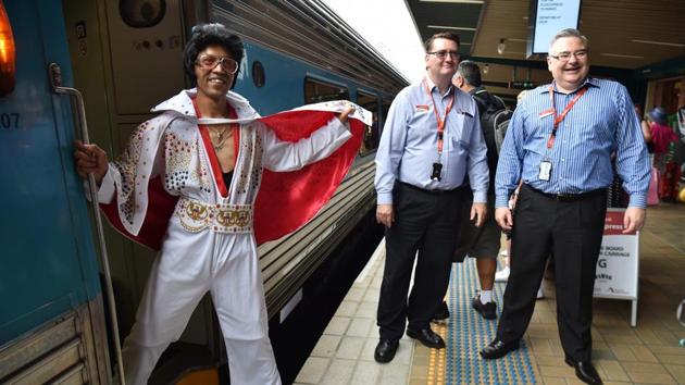 Elvis fans board a train to take them to The Parkes Elvis Festival from Sydney. (AFP) Elvis fans board a train to take them to The Parkes Elvis Festival from Sydney. (AFP)
