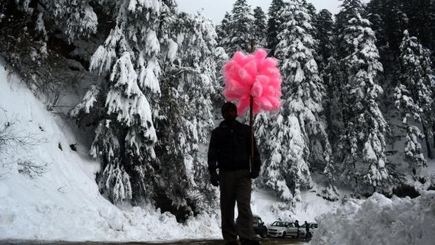 A candyfloss seller walks past snow covered trees at Kufri, Shimla on Tuesday. (Deepak Sansta / HT Photo) A candyfloss seller walks past snow covered trees at Kufri, Shimla on Tuesday. (Deepak Sansta / HT Photo)
