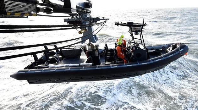 A speed-boat of the frigate ‘Baden-Wuertemberg’ is lifted by a crane during a media presentation of Naval forces of German army ‘Bundeswehr’ in the North Sea, Germany. (Fabian Bimmer / REUTERS) A speed-boat of the frigate ‘Baden-Wuertemberg’ is lifted by a crane during a media presentation of Naval forces of German army ‘Bundeswehr’ in the North Sea, Germany. (Fabian Bimmer / REUTERS)