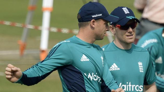 Eoin Morgan and Jos Buttler interact during the training session. (AFP) Eoin Morgan and Jos Buttler interact during the training session. (AFP)