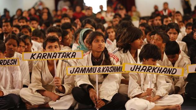 Judo athletes at the inauguration ceremony at Scottish High International School on Sunday.(Sanchit Khanna/HT Photo) Judo athletes at the inauguration ceremony at Scottish High International School on Sunday.(Sanchit Khanna/HT Photo)