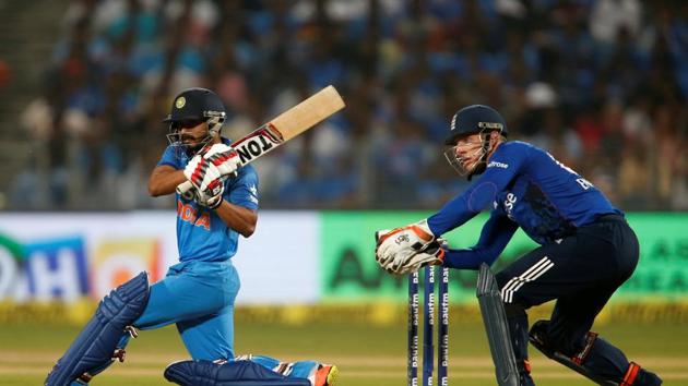 Despite losing Kohli and Jadhav, Hardik Pandya held his nerve and got India closer to victory. (REUTERS) Despite losing Kohli and Jadhav, Hardik Pandya held his nerve and got India closer to victory. (REUTERS)
