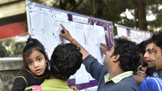 New Delhi, India - Feb. 15, 2016: Parents looks list of selected children for nursery class admission at Bal Bharati public school near Gangaram Hospital marg in New Delhi, India, on Monday, February 15, 2016. (Photo by Arvind Yadav/ Hindustan Times)(Hindustan Times)
