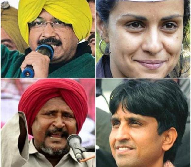 Delhi CM Arvind Kejriwal, Bollywood actress Gul Panag, poet Kumar Vishwas and Dalit activist Bant Singh Jhabbar have figured in the list of 40 star campaigners who will canvass for AAP ahead of Punjab polls.(HT Photo)