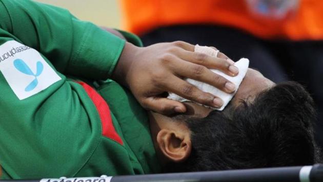Mushfiqur Rahim, Bangladesh captain, is stretchered off after being hit in the face by the ball during the first Test against New Zealand in Wellington. (Reuters) Mushfiqur Rahim, Bangladesh captain, is stretchered off after being hit in the face by the ball during the first Test against New Zealand in Wellington. (Reuters)