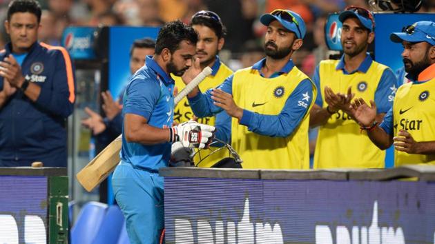 Kedar Jadhav walks back to the pavilion after scoring a century in the first one-day international between India and England in Pune on Sunday.(AFP) Kedar Jadhav walks back to the pavilion after scoring a century in the first one-day international between India and England in Pune on Sunday.(AFP)