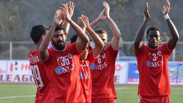 Aizawl FC won their second consecutive home match, beating Shillong Lajong FC 2-1 in Aizwal on Tuesday to go top in the I-League table.(AIFF)