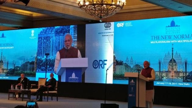 PM Modi speaking at the second edition of the Raisina Dialogue in New Delhi on Tuesday.(Twitter/@MEAIndia)