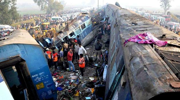 Rescue and relief work in progress after the Indore-Patna express derailed near Kanpur Dehat.(PTI)