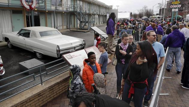 People wait in line to enter the National Civil Rights Museum on Martin Luther King Jr. Day, in Memphis. The museum is built in what was formerly the Lorraine Motel, and the balcony at upper left is marked with a wreath where King was assassinated on April 4, 1968. (Mark Humphrey/AP) People wait in line to enter the National Civil Rights Museum on Martin Luther King Jr. Day, in Memphis. The museum is built in what was formerly the Lorraine Motel, and the balcony at upper left is marked with a wreath where King was assassinated on April 4, 1968. (Mark Humphrey/AP)