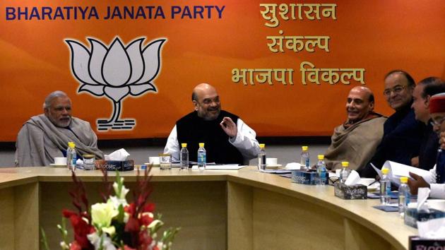 Prime Minister Narendra Modi, BJP President Amit Shah, Home Minister Rajnath Singh and other senior leaders during the Central Election Committee (CEC) meeting for Uttar Pradesh state elections at BJP headquarters in New Delhi. (PTI File Photo) Prime Minister Narendra Modi, BJP President Amit Shah, Home Minister Rajnath Singh and other senior leaders during the Central Election Committee (CEC) meeting for Uttar Pradesh state elections at BJP headquarters in New Delhi. (PTI File Photo)